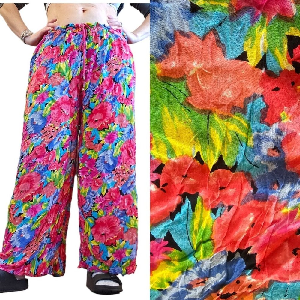 VTG Floral Baggy Wide Leg Pant Elastic Waist Floral Watercolor Rayon OSFM